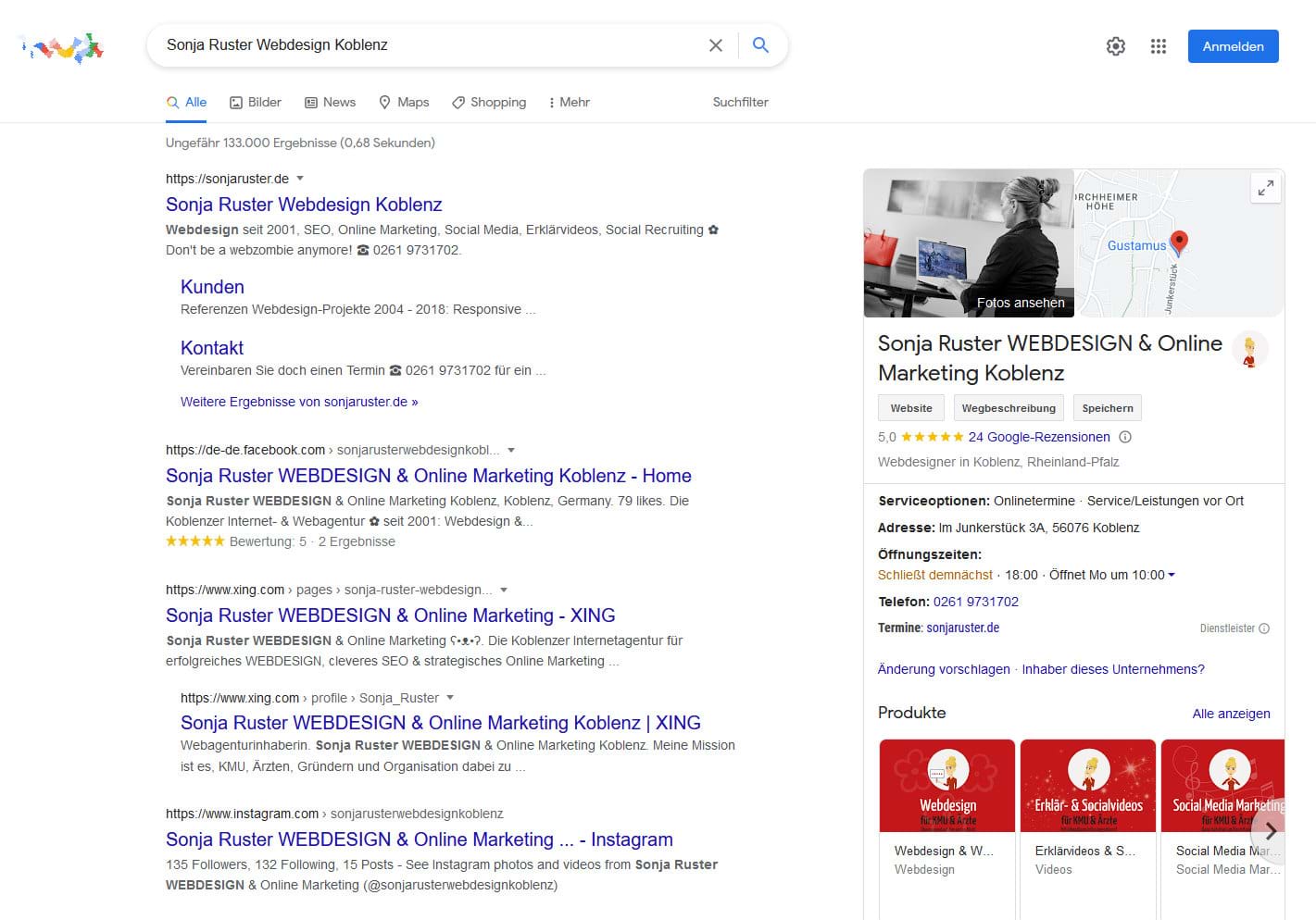 Google My Business-Eintrag in der Suche (Desktop-Ansicht)