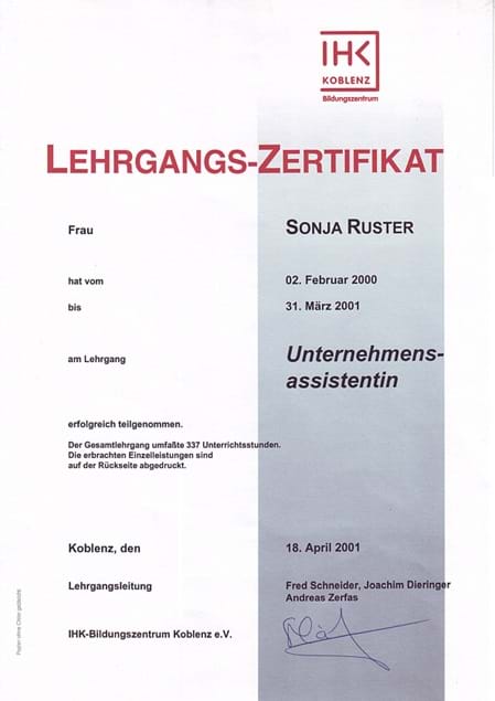 Zertifikat "Unternehmensassistentin" der IHK Koblenz